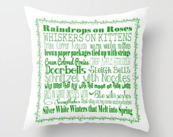 Holiday Pillow, Xmas Throw Pillow, Christmas Pillow, My Favorite Things, Raindrops on Roses, Red Xmas Pillow, Christmas Carol, Typography,