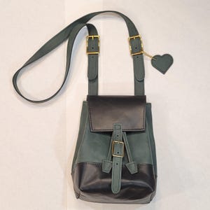 May include: A green and black leather backpack with a flap closure and adjustable shoulder strap. The bag features gold-colored buckles and a heart-shaped charm. The bag is approximately 10 inches tall.