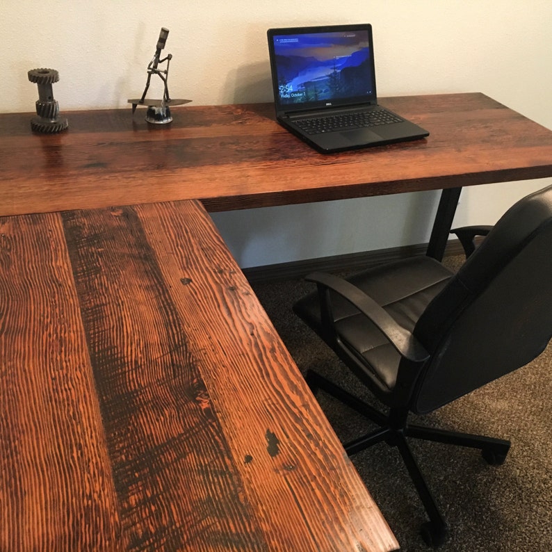 Reclaimed wood L-shaped Desk. Reclaimed wood desk. Wood and steel desk. Industrial desk. Corner desk. Old desk. Rustic Desk. Executive desk. Dark Walnut/Steel