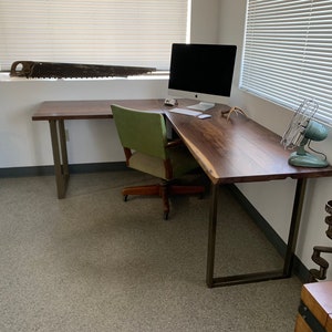 Walnut L shaped desk. Modern office desk. Solid wood desk. Executive desk. Dark wood desk. Hardwood desk. Walnut Table. Industrial desk. image 8