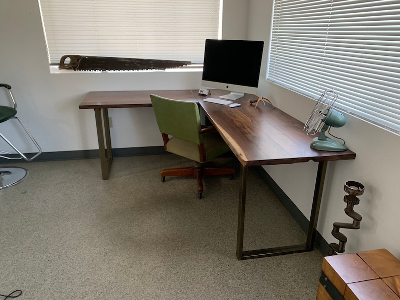 Walnut L shaped desk. Modern office desk. Solid wood desk. Executive desk. Dark wood desk. Hardwood desk. Walnut Table. Industrial desk. image 8