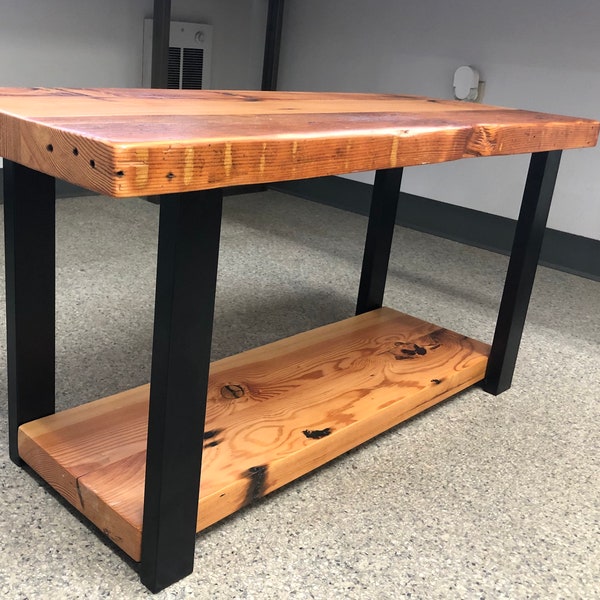 Reclaimed wood bench with shelf. Industrial bench. Bench with shoe rack. Entry bench. Storage bench. Console table.