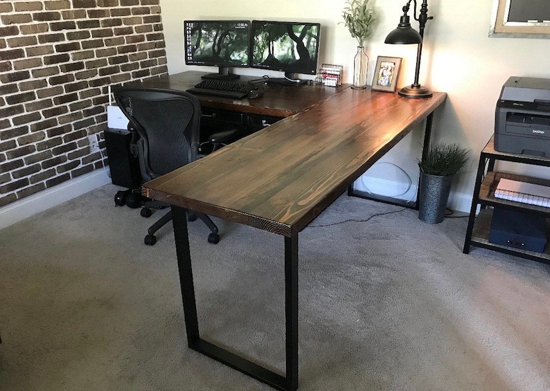 Reclaimed wood L-shaped Desk. Reclaimed wood desk. Wood and steel desk. Industrial desk. Corner desk. Old desk. Rustic Desk. Executive desk. Dark Walnut/Black