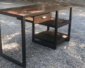 Reclaimed Wood Desk with Shelf, Industrial Metal Base