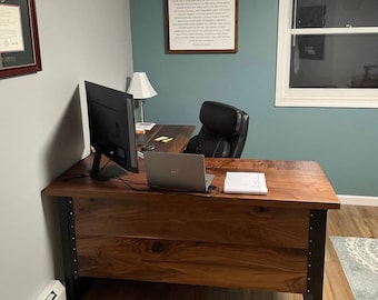 Walnut L Shaped Desk with Wall (side 1). Stand alone Desk. Office Desk. Executive Desk. Hardwood Desk. Modern Desk. Corner Desk.