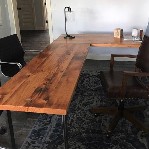 Two Piece L-shaped Desk. Reclaimed wood desk. Wood and steel desk. Industrial desk. Corner desk. Old desk. Rustic Desk. Executive desk.