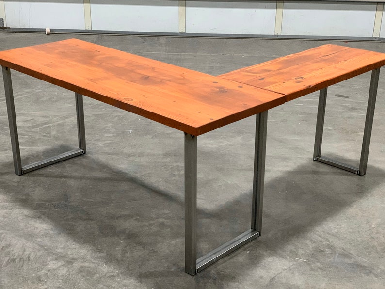 Reclaimed wood L-shaped Desk. Reclaimed wood desk. Wood and steel desk. Industrial desk. Corner desk. Old desk. Rustic Desk. Executive desk. Warm Cherry/Steel