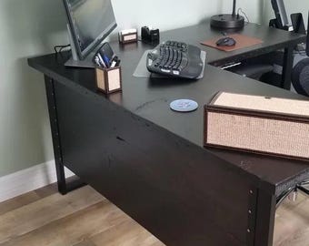 Two piece L Shaped Desk With Modesty Panel (side 1). Desk With Privacy Wall. Industrial Reclaimed Wood Desk. Office Desk. Corner Desk.