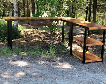 L shaped desk with shelves. Industrial desk. Reclaimed wood desk. Corner desk. Modern desk. Salvaged wood desk. Office desk. Executive desk.