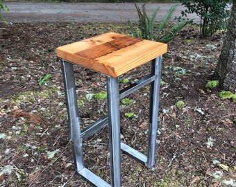 Reclaimed wood stool. Bar stool. Counter height stool.  Wood and steel. Bar height Stool.