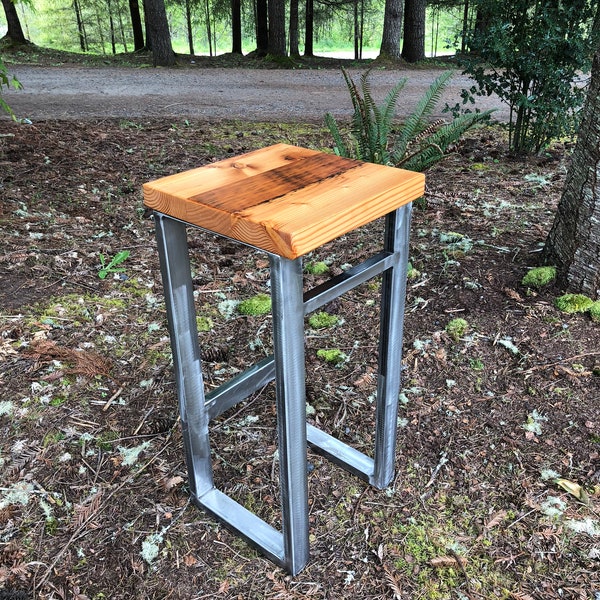 Reclaimed wood stool. Bar stool. Counter height stool.  Wood and steel. Bar height Stool.