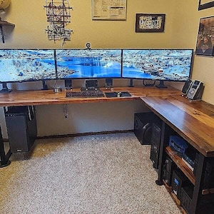 L shaped desk with shelves, Industrial office furniture, Reclaimed wood corner table, Modern desk, Executive desk