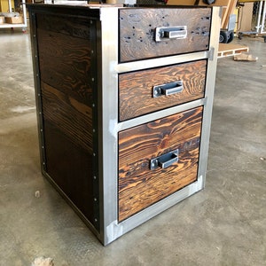 Attached Reclaimed wood cabinet. Industrial file cabinet. Vertical file cabinet. Printer stand. 3 drawer cabinet. Filing cabinet. Walnut w/steel color