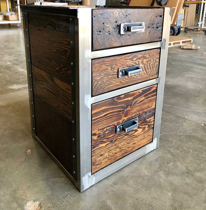 Attached Reclaimed wood cabinet. Industrial file cabinet. Vertical file cabinet. Printer stand. 3 drawer cabinet. Filing cabinet. Walnut w/steel color