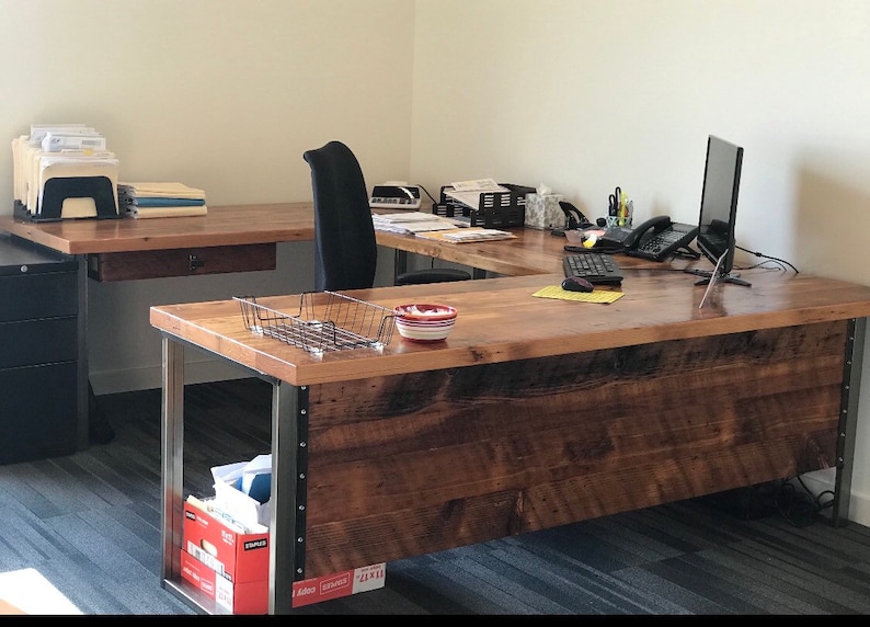 L Shaped Desk With Modesty Panel Privacy Wall Industrial Reclaimed Wood Office Corner Rustic