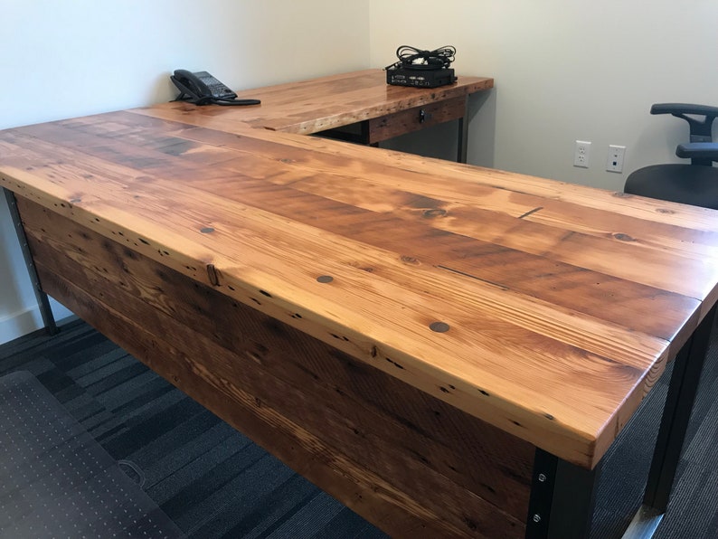 Two piece L Shaped Desk With Modesty Panel side 1. Desk With Privacy Wall. Industrial Reclaimed Wood Desk. Office Desk. Corner Desk. image 4