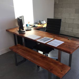 Reclaimed wood L-shaped Desk. Reclaimed wood desk. Wood and steel desk. Industrial desk. Corner desk. Old desk. Rustic Desk. Executive desk. Natural/Steel