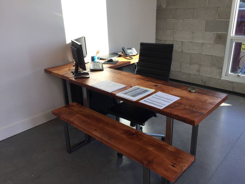 Reclaimed wood L-shaped Desk. Reclaimed wood desk. Wood and steel desk. Industrial desk. Corner desk. Old desk. Rustic Desk. Executive desk. Natural/Steel