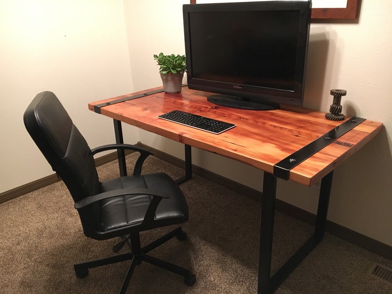 IRON banded desk. Reclaimed wood desk. Wood and steel desk. Iron banded desk. Office desk. Work desk. Old wooden image 2