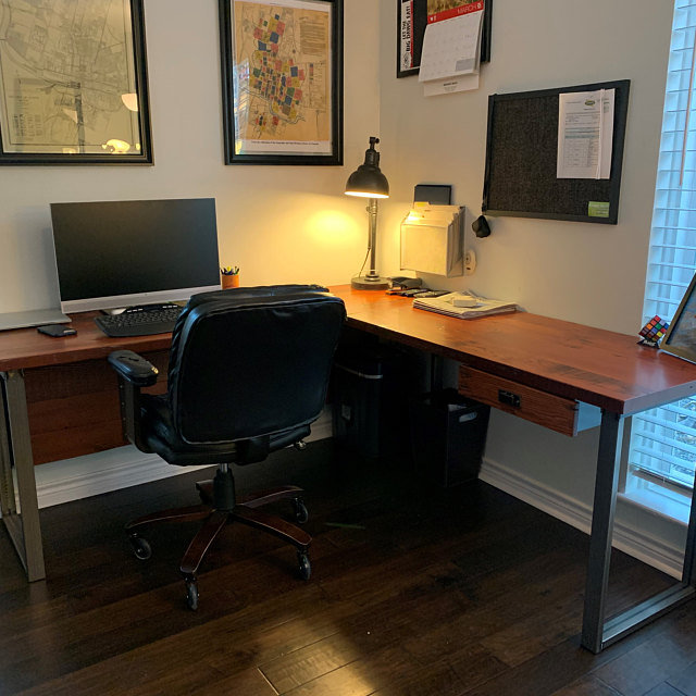 Two l sale shaped desks together