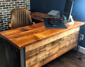 L Shaped Desk. Two piece desk.  Desk With Privacy Wall. Industrial, Reclaimed Wood Desk. Office Desk. Corner Desk. Rustic Desk.