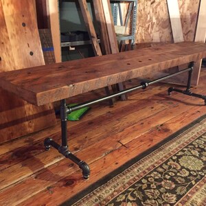 Reclaimed wood black iron pipe bench. Industrial Bench. Wood and steel bench. Rustic bench. Black iron pipe bench. Reclaimed wood bench. image 3