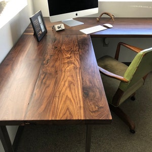 Walnut L shaped desk. Modern office desk. Solid wood desk. Executive desk. Dark wood desk. Hardwood desk. Walnut Table. Industrial desk. image 1