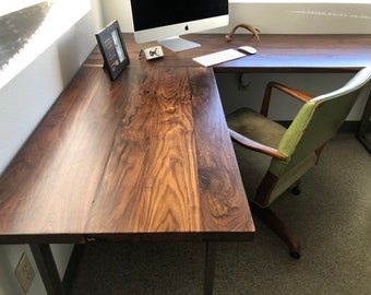 Walnut L shaped desk. Modern office desk. Solid wood desk. Executive desk. Dark wood desk. Hardwood desk. Walnut Table. Industrial desk.