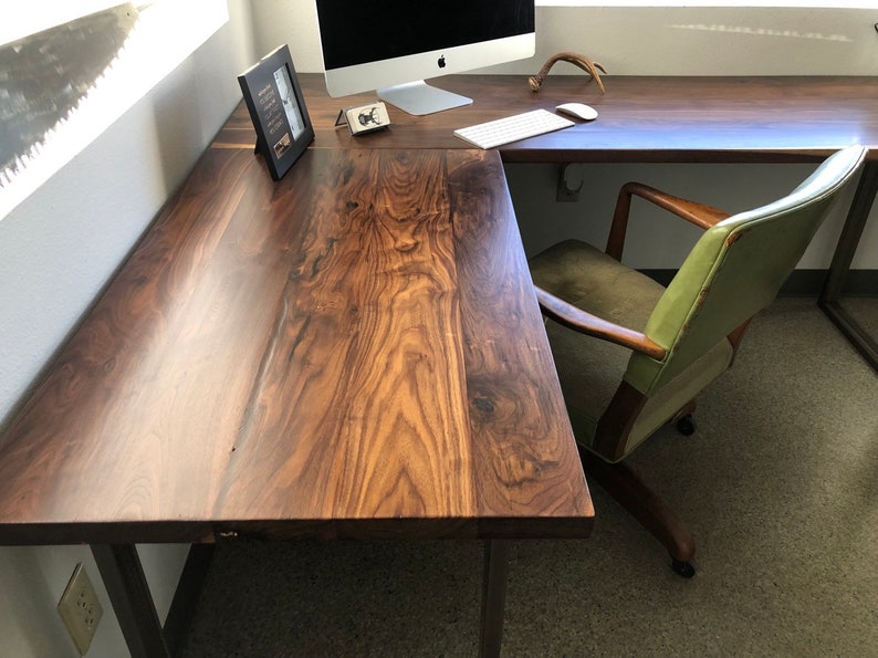 Walnut L shaped desk. Modern office desk. Solid wood desk. Executive desk. Dark wood desk. Hardwood desk. Walnut Table. Industrial desk. image 1