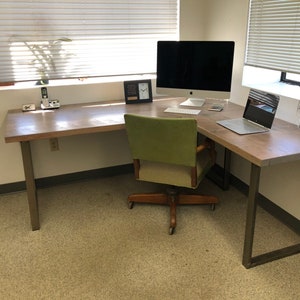 Two Piece L-shaped Desk. Reclaimed wood desk. Wood and steel desk. Industrial desk. Corner desk. Old desk. Rustic Desk. Executive desk. image 7