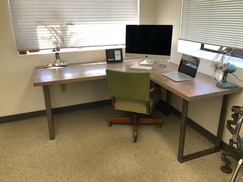 Two Piece L-shaped Desk. Reclaimed wood desk. Wood and steel desk. Industrial desk. Corner desk. Old desk. Rustic Desk. Executive desk. image 7