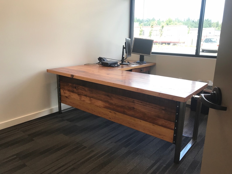 Two piece L Shaped Desk With Modesty Panel side 1. Desk With Privacy Wall. Industrial Reclaimed Wood Desk. Office Desk. Corner Desk. image 5