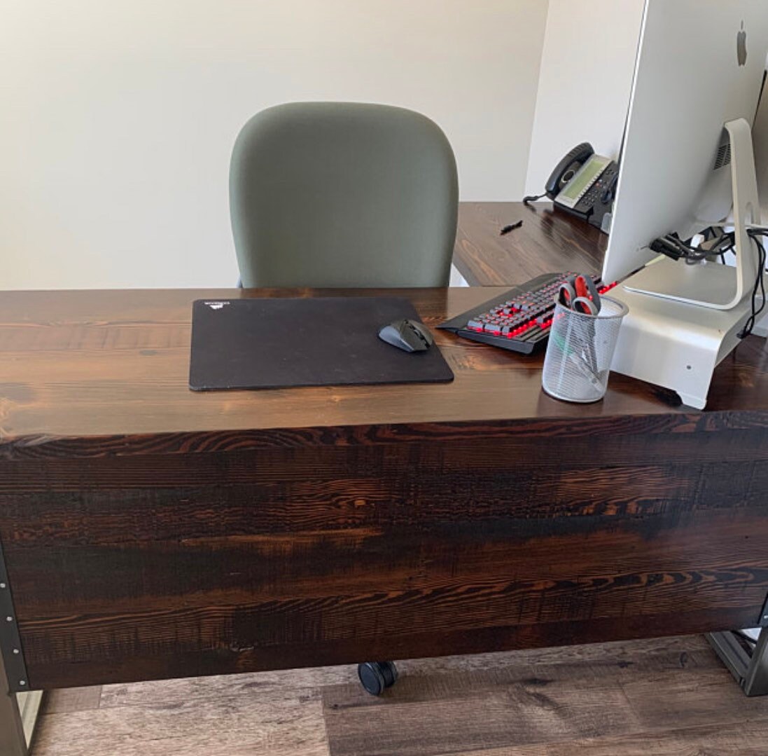 L Shaped Desk. Two Piece Desk. Desk With Privacy Wall. Industrial