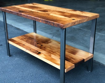 Reclaimed wood table with shelf. Salvaged table. Old table. Industrial table. Kitchen table. Wood and steel table. Bathroom vanity.