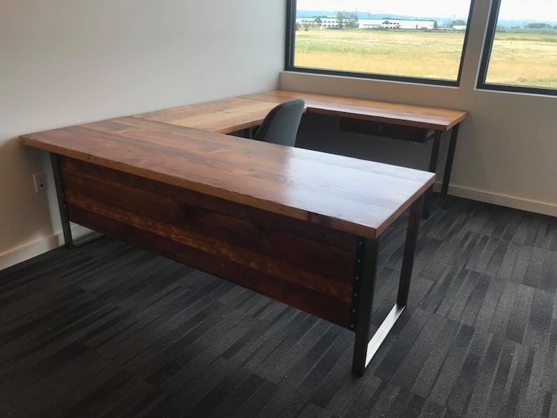 Wide L Shaped Desk Large Reclaimed Wood Industrial Salvaged Office Corner