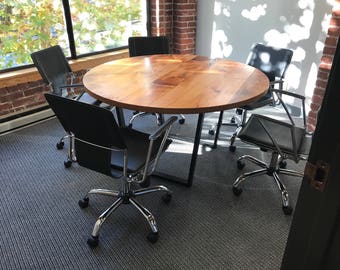 Reclaimed wood round table. Conference table. Industrial table. Old wood table. Salvaged wood table. Rustic table. Dining room table.