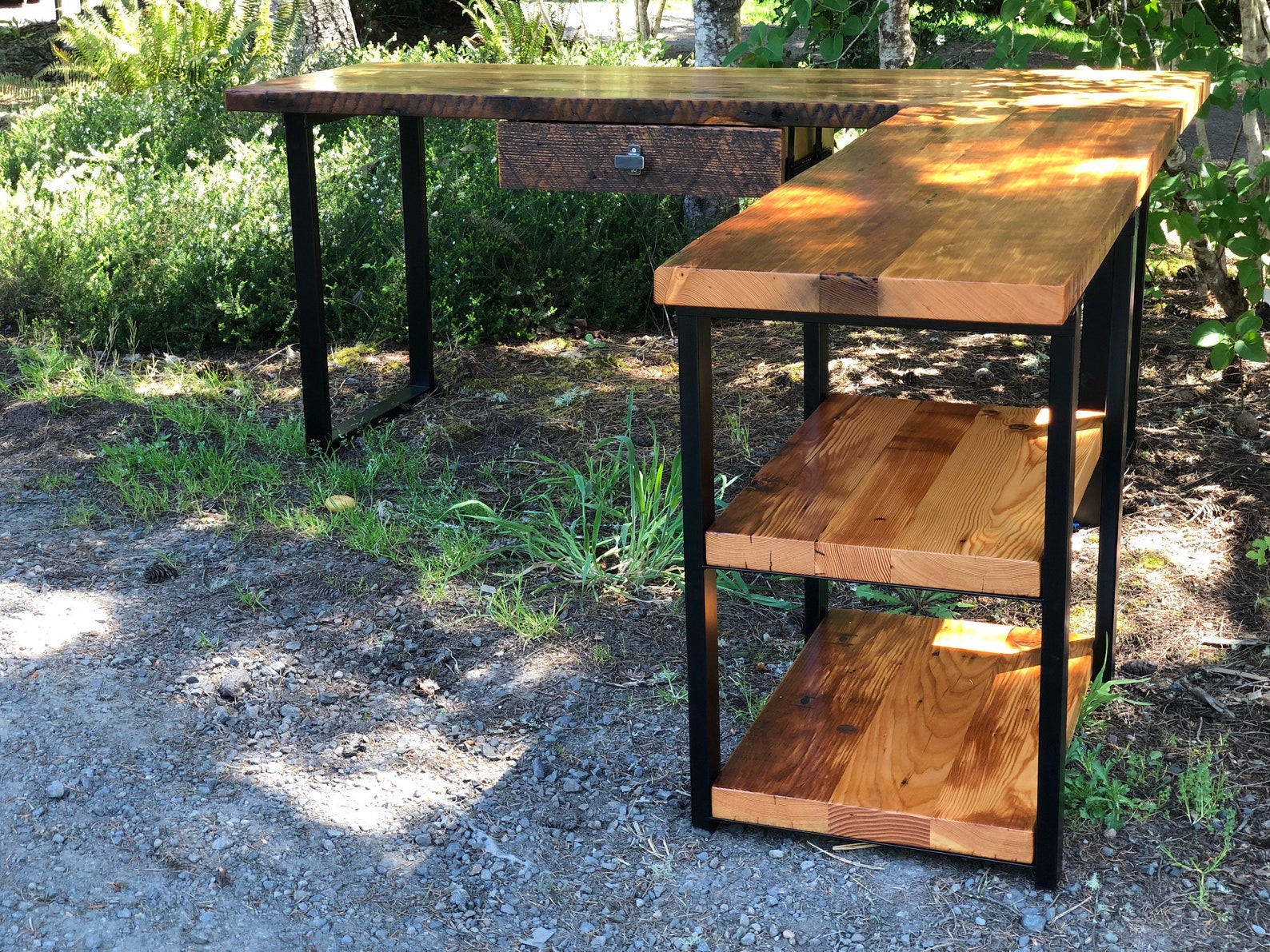 L Shaped Desk With Shelves. Industrial Desk. Reclaimed Wood Desk