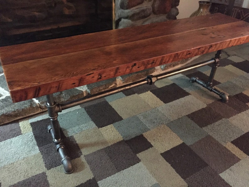 Reclaimed wood black iron pipe bench. Industrial Bench. Wood and steel bench. Rustic bench. Black iron pipe bench. Reclaimed wood bench. image 8