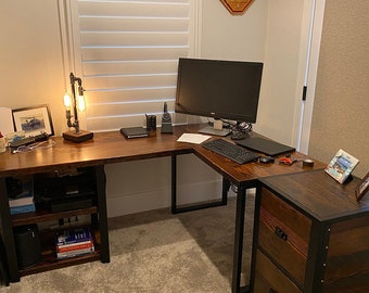 L shaped desk with shelves. Industrial desk. Reclaimed wood desk. Corner desk. Modern desk. Salvaged wood desk. Office desk. Executive desk.