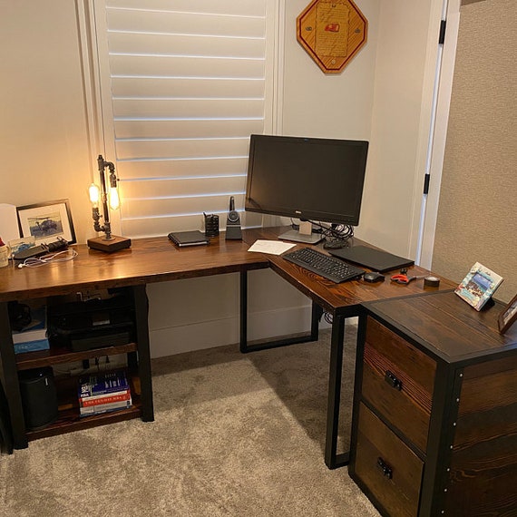 Two Piece L Shaped Desk With Modesty Panel side 1. Desk With Privacy Wall.  Industrial Reclaimed Wood Desk. Office Desk. Corner Desk. 