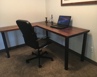 L-shaped Desk. Reclaimed wood desk. Old rustic desk. Industrial desk. Executive desk. Wood and metal desk. Corner desk. Post Leg desk