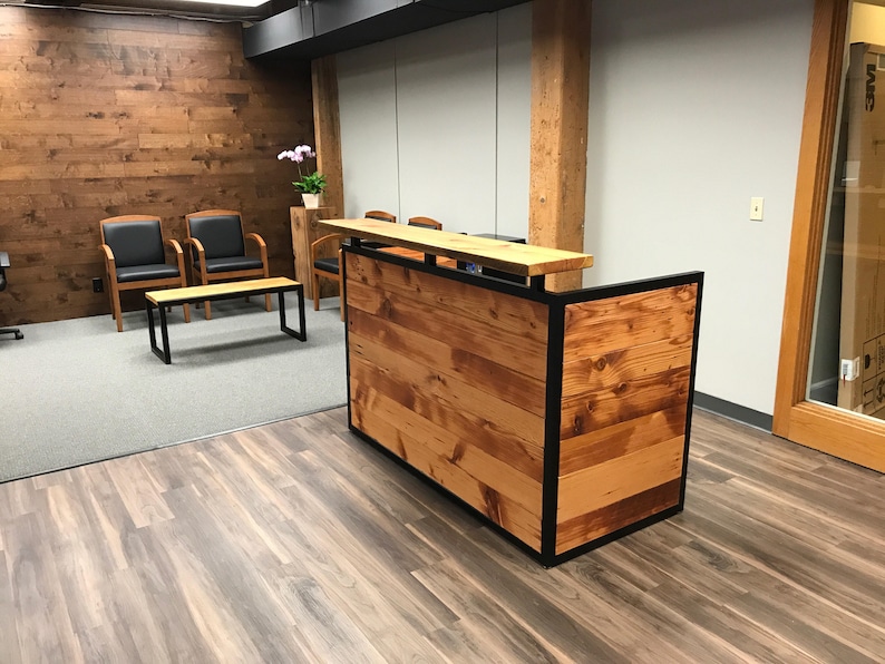 Industrial Reception Desk Reclaimed Wood Front Counter Office Entry Enclosed Hostess Stand