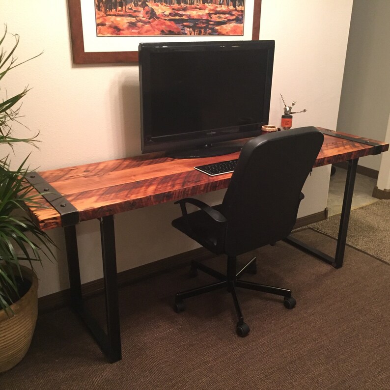 IRON banded desk. Reclaimed wood desk. Wood and steel desk. Iron banded desk. Office desk. Work desk. Old wooden image 6