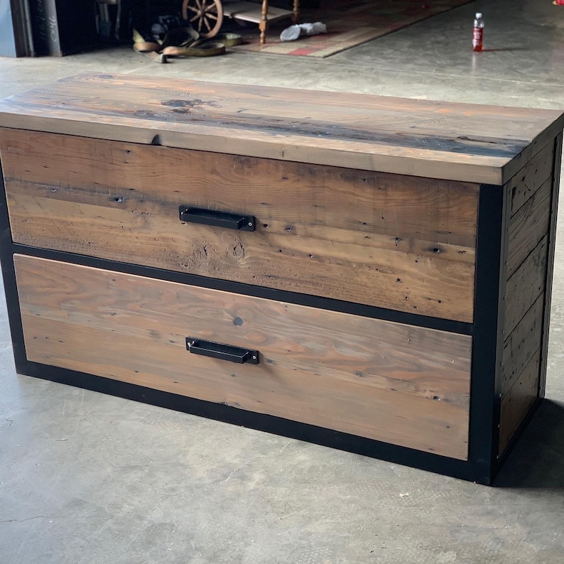 Industrial Lateral File Cabinet. Reclaimed Wood Cabinet. Credenza. Horizontal Cabinet. Large Filing Cabinet. Dresser. Desk Storage. Drawers. image 5