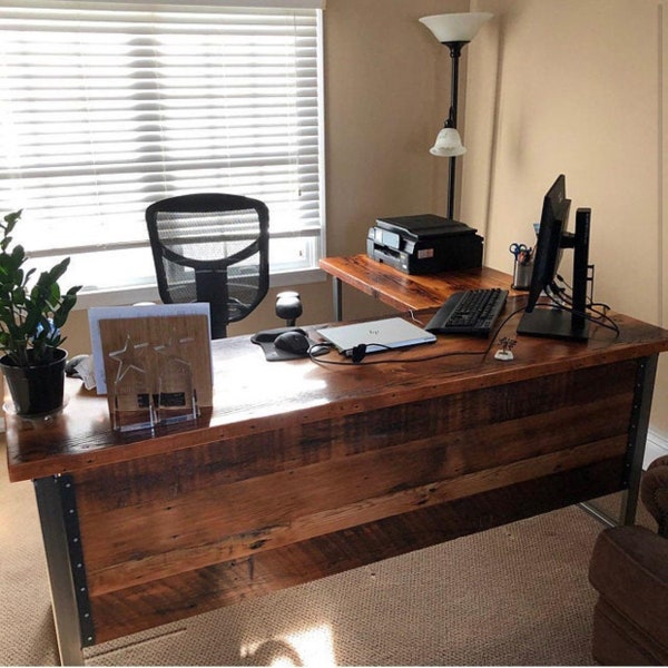 Two piece L Shaped Desk With Modesty Panel (side 1). Desk With Privacy Wall. Industrial Reclaimed Wood Desk. Office Desk. Corner Desk.