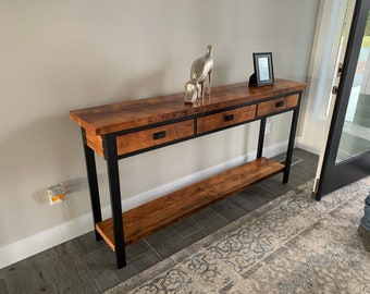 Hall table Cabinet with two drawers FineBuy Console table for hallway Solid Wood Acacia 110 x 76 x 40 cm Country Style Desk Office table 