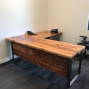 Two piece L Shaped Desk With Modesty Panel (side 1). Desk With Privacy Wall. Industrial Reclaimed Wood Desk. Office Desk. Corner Desk.