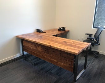 Two piece L Shaped Desk With Modesty Panel (side 1). Desk With Privacy Wall. Industrial Reclaimed Wood Desk. Office Desk. Corner Desk.