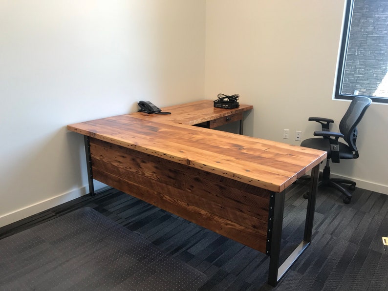 Two piece L Shaped Desk With Modesty Panel side 1. Desk With Privacy Wall. Industrial Reclaimed Wood Desk. Office Desk. Corner Desk. image 6