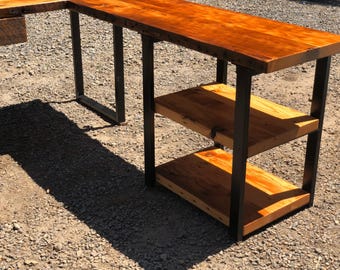 Hardware and legs for L shaped desk with shelves.